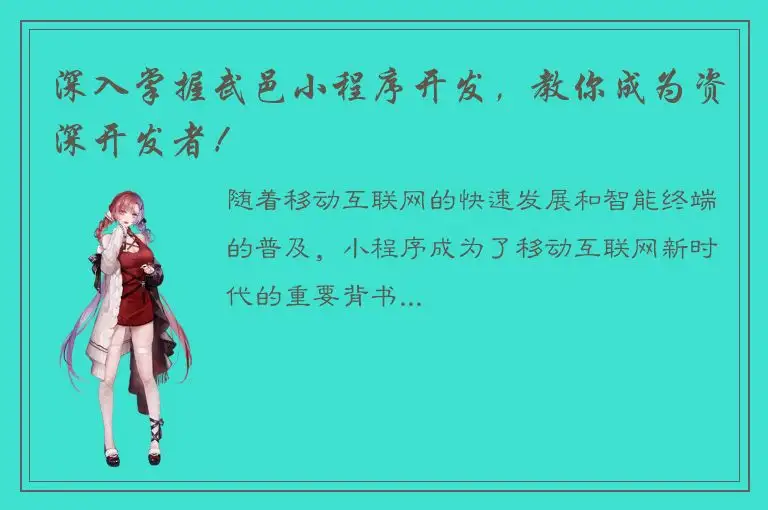 深入掌握武邑小程序开发，教你成为资深开发者！