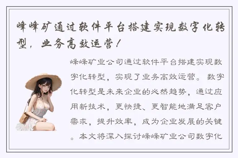 峰峰矿通过软件平台搭建实现数字化转型，业务高效运营！