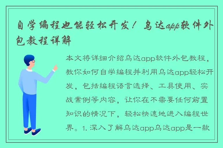 自学编程也能轻松开发！乌达app软件外包教程详解