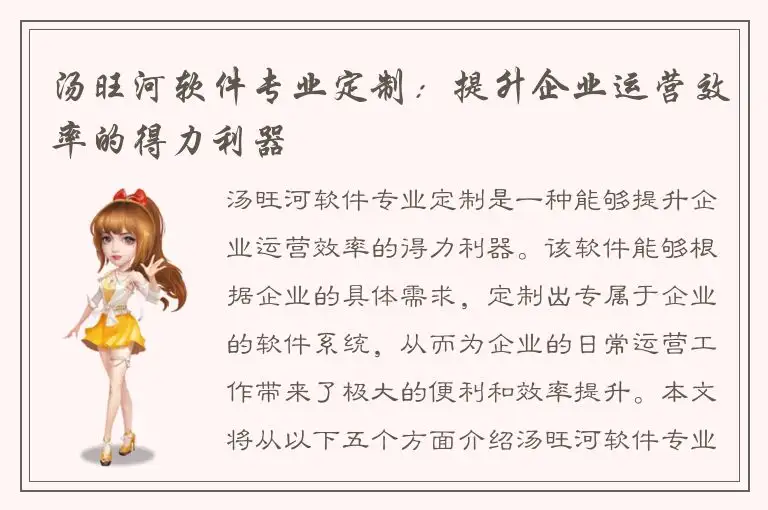 汤旺河软件专业定制：提升企业运营效率的得力利器