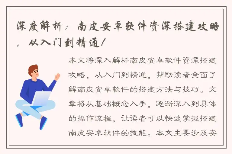 深度解析：南皮安卓软件资深搭建攻略，从入门到精通！