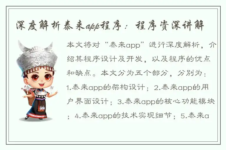 深度解析泰来app程序：程序资深讲解