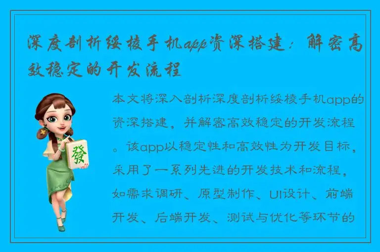 深度剖析绥棱手机app资深搭建：解密高效稳定的开发流程