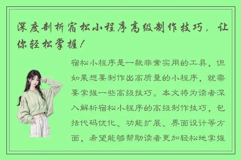 深度剖析宿松小程序高级制作技巧，让你轻松掌握！