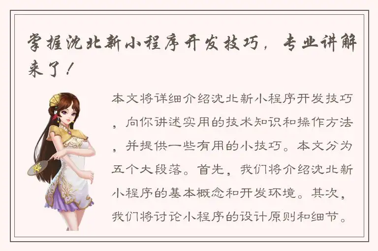 掌握沈北新小程序开发技巧，专业讲解来了！