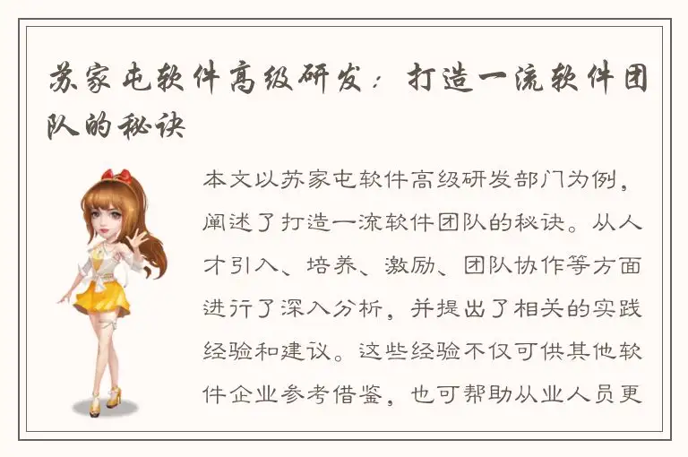 苏家屯软件高级研发：打造一流软件团队的秘诀