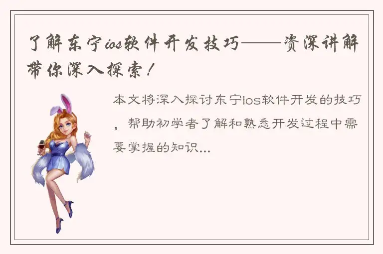 了解东宁ios软件开发技巧——资深讲解带你深入探索！