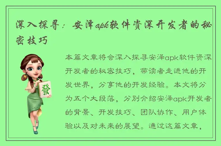 深入探寻：安泽apk软件资深开发者的秘密技巧