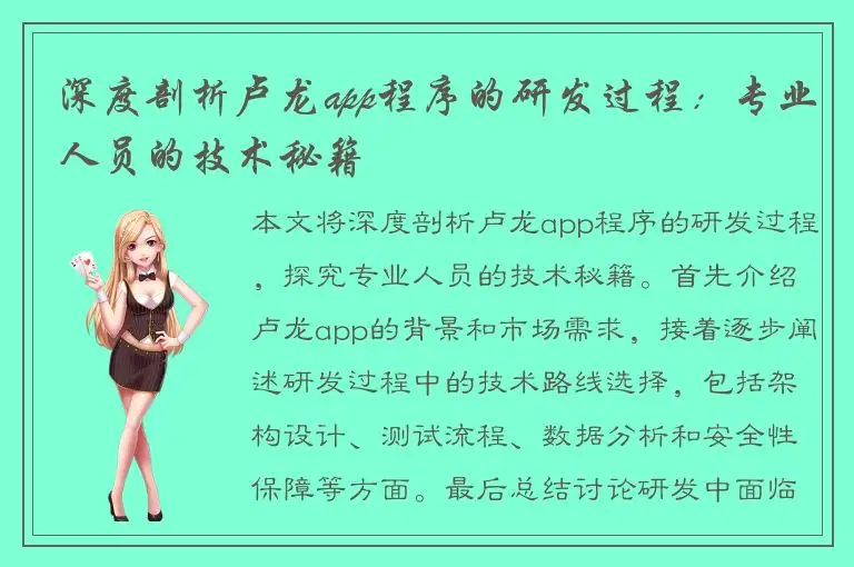深度剖析卢龙app程序的研发过程：专业人员的技术秘籍
