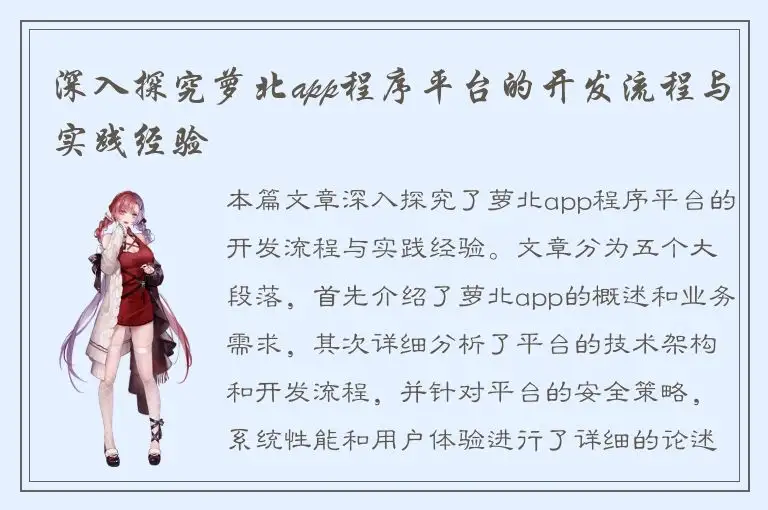 深入探究萝北app程序平台的开发流程与实践经验