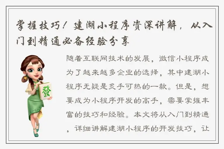 掌握技巧！建湖小程序资深讲解，从入门到精通必备经验分享