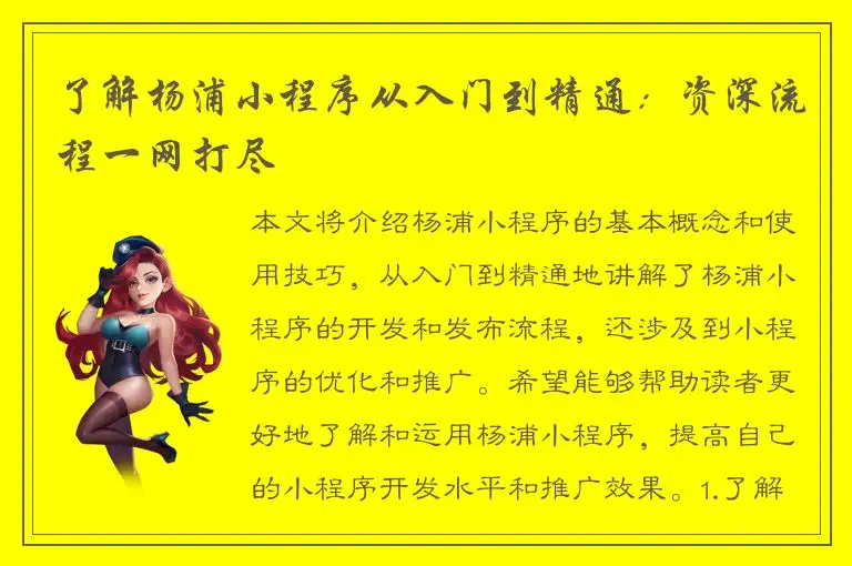了解杨浦小程序从入门到精通：资深流程一网打尽