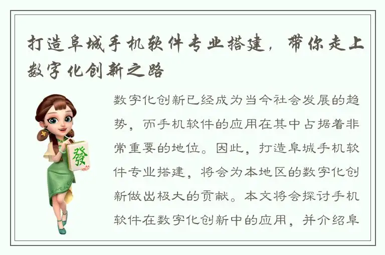 打造阜城手机软件专业搭建，带你走上数字化创新之路