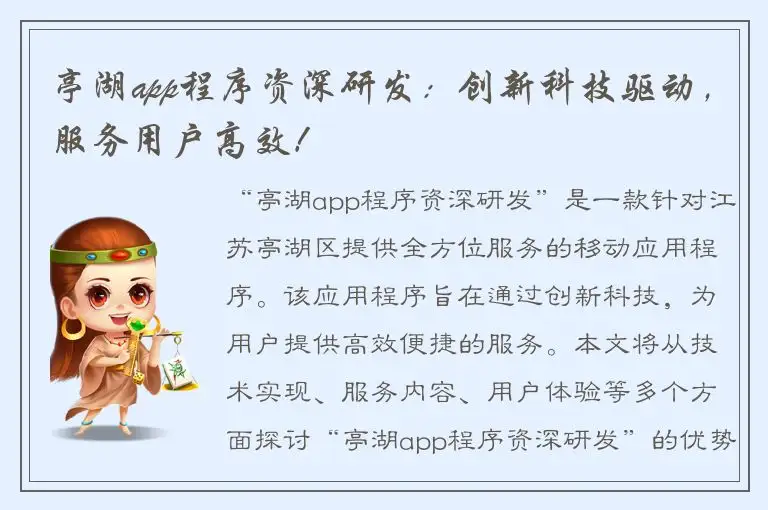 亭湖app程序资深研发：创新科技驱动，服务用户高效！