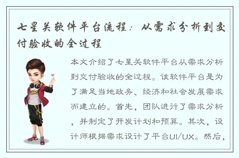 七星关软件平台流程：从需求分析到交付验收的全过程