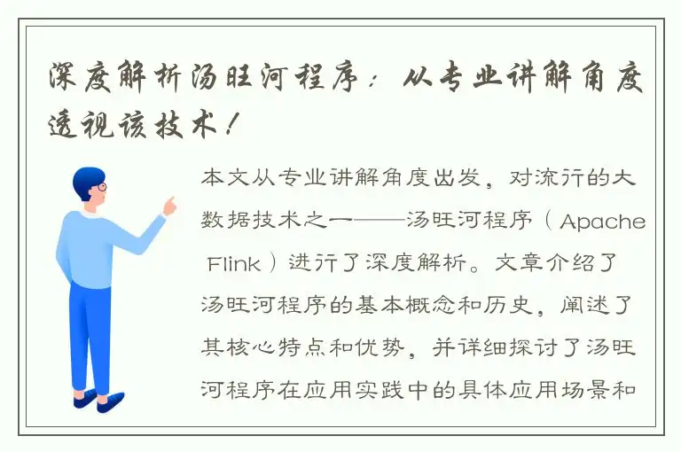 深度解析汤旺河程序：从专业讲解角度透视该技术！