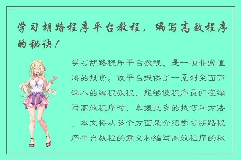 学习胡路程序平台教程，编写高效程序的秘诀！