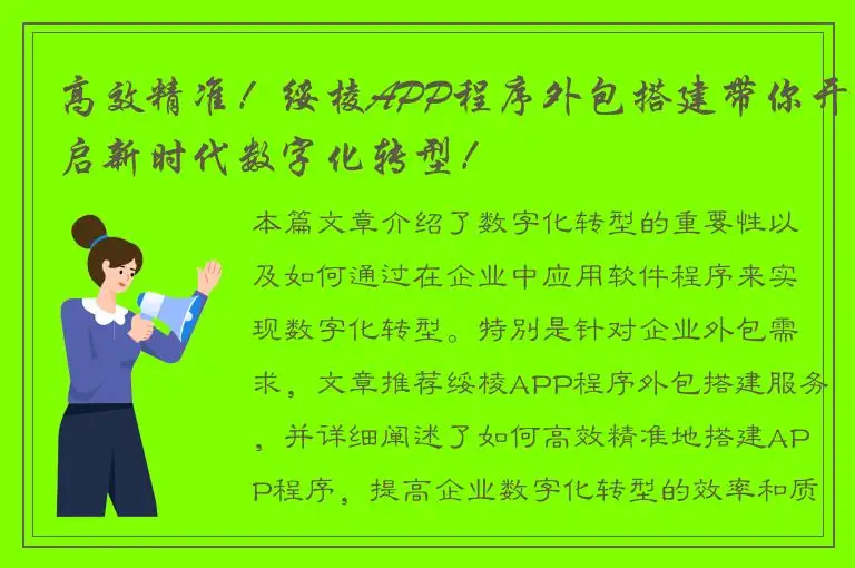 高效精准！绥棱APP程序外包搭建带你开启新时代数字化转型！