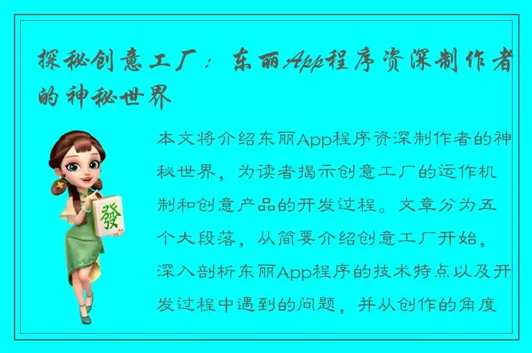 探秘创意工厂：东丽App程序资深制作者的神秘世界