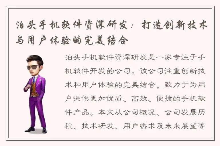 泊头手机软件资深研发：打造创新技术与用户体验的完美结合