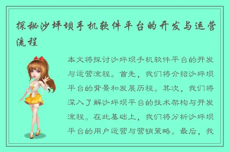 探秘沙坪坝手机软件平台的开发与运营流程