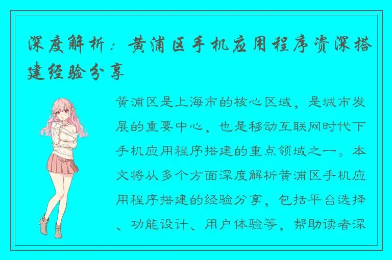 深度解析：黄浦区手机应用程序资深搭建经验分享