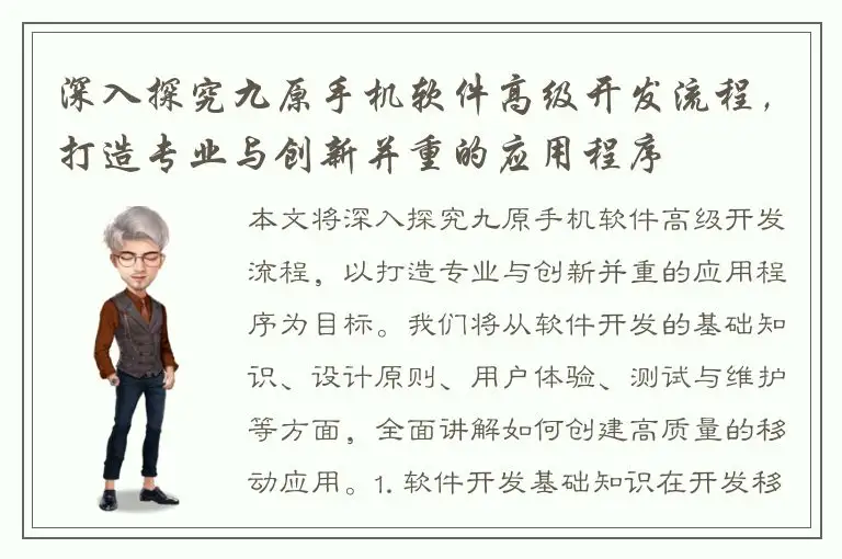 深入探究九原手机软件高级开发流程，打造专业与创新并重的应用程序