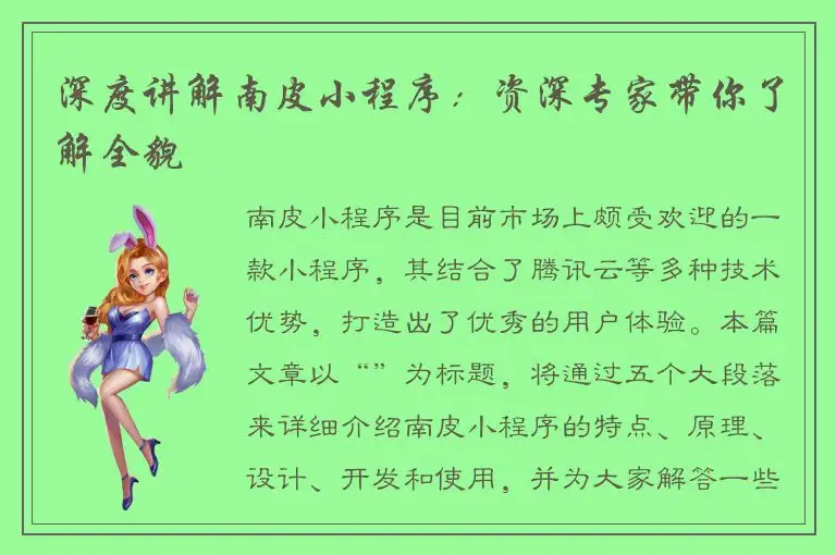 深度讲解南皮小程序：资深专家带你了解全貌