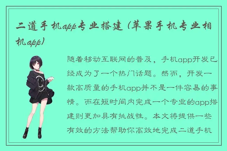 二道手机app专业搭建 (苹果手机专业相机app)