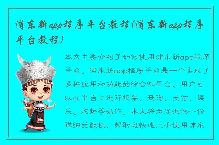 浦东新app程序平台教程(浦东新app程序平台教程)