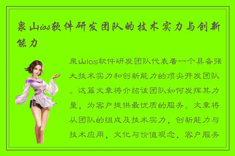 泉山ios软件研发团队的技术实力与创新能力