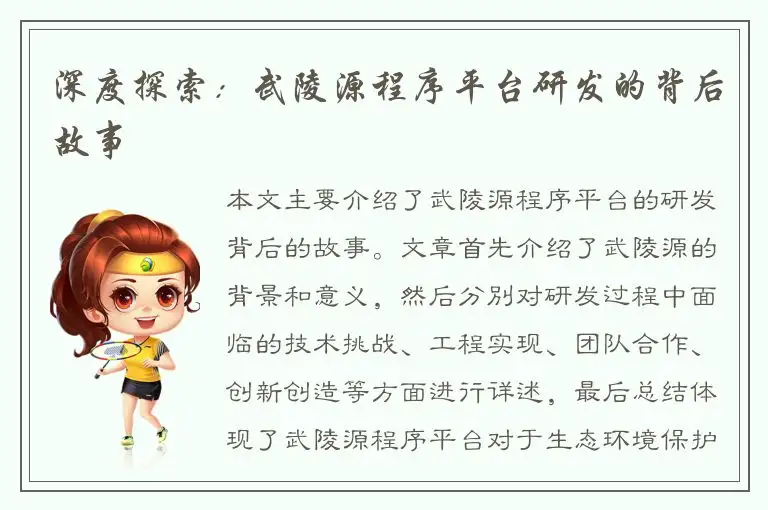 深度探索：武陵源程序平台研发的背后故事