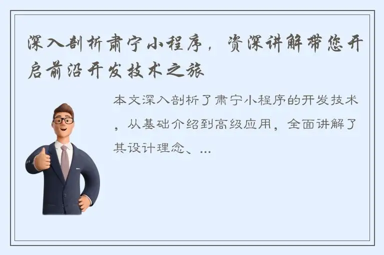 深入剖析肃宁小程序，资深讲解带您开启前沿开发技术之旅