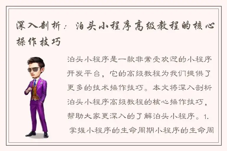 深入剖析：泊头小程序高级教程的核心操作技巧