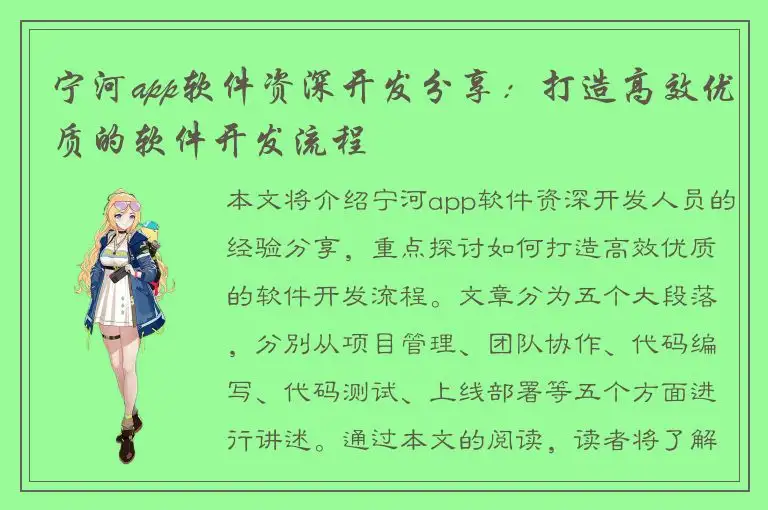 宁河app软件资深开发分享：打造高效优质的软件开发流程