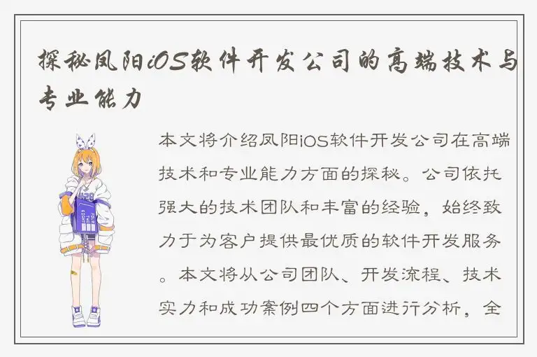 探秘凤阳iOS软件开发公司的高端技术与专业能力
