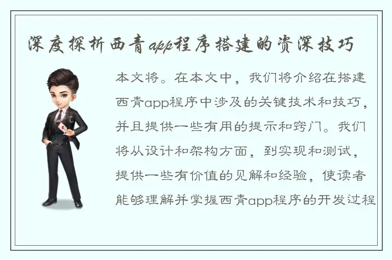 深度探析西青app程序搭建的资深技巧