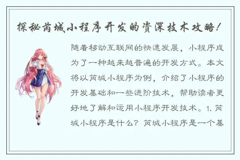 探秘芮城小程序开发的资深技术攻略!