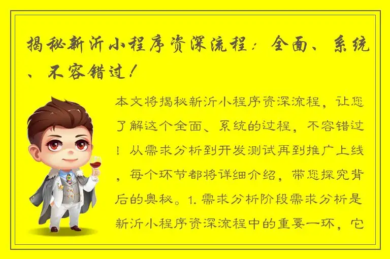 揭秘新沂小程序资深流程：全面、系统、不容错过！