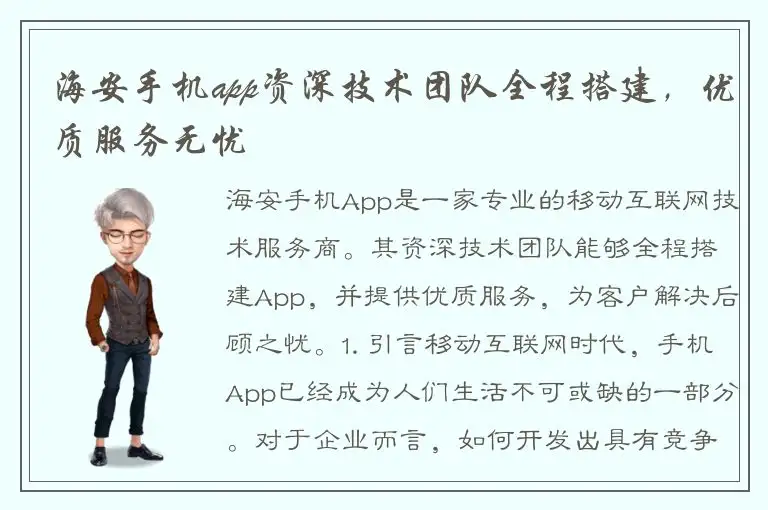 海安手机app资深技术团队全程搭建，优质服务无忧