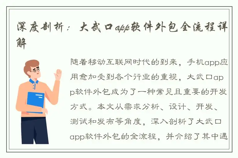 深度剖析：大武口app软件外包全流程详解