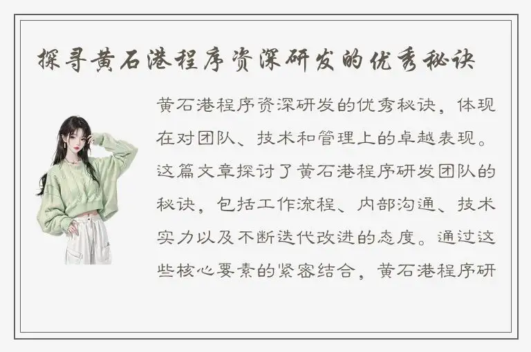 探寻黄石港程序资深研发的优秀秘诀
