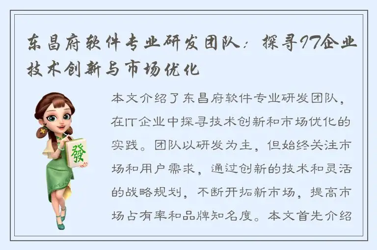 东昌府软件专业研发团队：探寻IT企业技术创新与市场优化