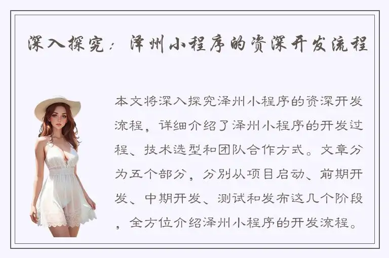 深入探究：泽州小程序的资深开发流程