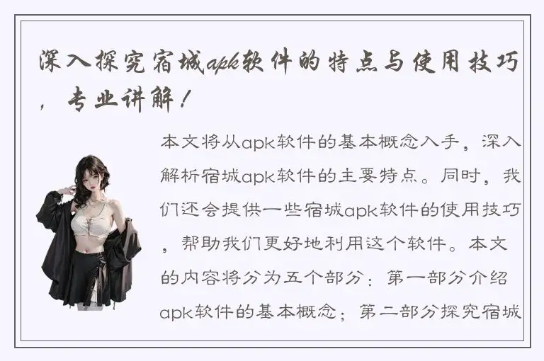 深入探究宿城apk软件的特点与使用技巧，专业讲解！