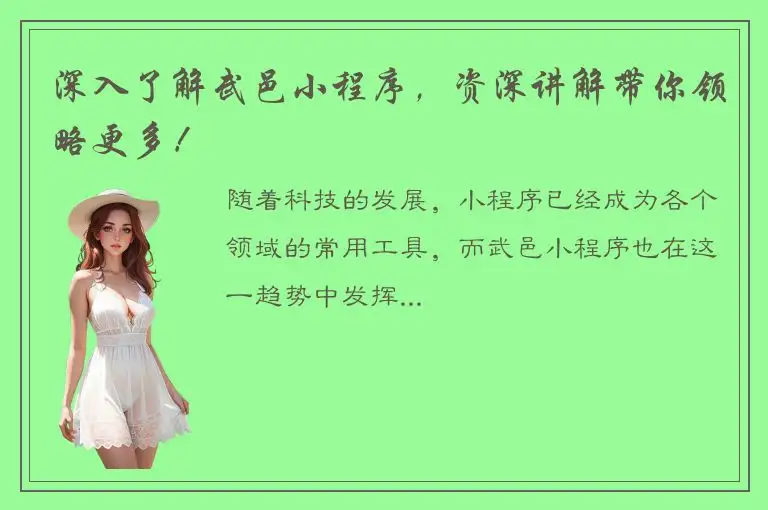 深入了解武邑小程序，资深讲解带你领略更多！